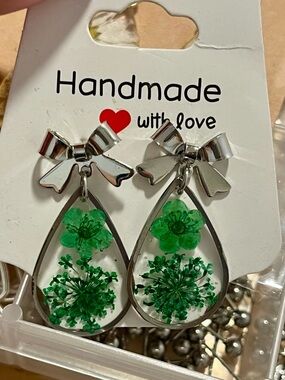 Handmade Silver Bow Teardrop Earrings with Green Floral Resin